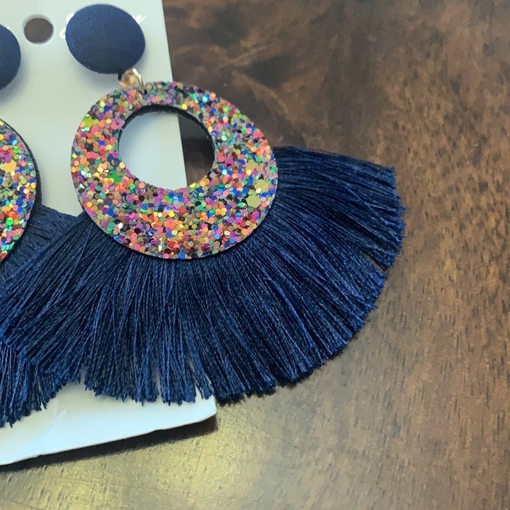 Navy Tassel Fringe Earrings Multicolor Glitter Circle Statement Boho - Picture 7 of 8